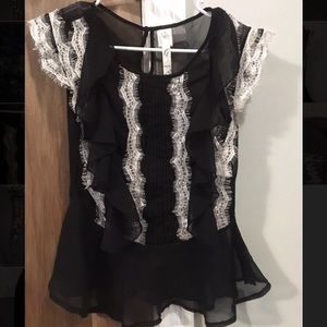 Black white lace ruffle blouse sheer Gracie M